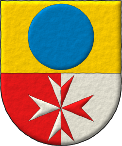 Escudo cortado y medio partido: 1o de oro, un roel de azur; 2o de gules y 3o de plata, brochante sobre ambos, una cruz de Malta del uno al otro.