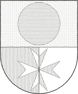 Escudo cortado y medio partido: 1o de oro, un roel de azur; 2o de gules y 3o de plata, brochante sobre ambos, una cruz de Malta del uno al otro.