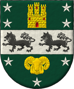 Escudo de sinople, una faja de plata, cargada de dos lobos pasantes de sable, acompaada en jefe de un castillo de oro, aclarado de gules, mazonado de sable, acompaado de cuatro estrellas de plata, 2 y 2, y en punta de un rencuentro de carnero merino de oro, acompaado de tres estrellas de plata, 2 y 1.