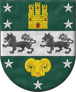 Escudo de sinople, una faja de plata, cargada de dos lobos pasantes de sable, acompaada en jefe de un castillo de oro, aclarado de gules, mazonado de sable, acompaado de cuatro estrellas de plata, 2 y 2, y en punta de un rencuentro de carnero merino de oro, acompaado de tres estrellas de plata, 2 y 1.