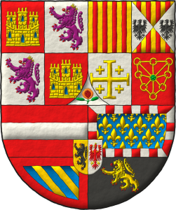Escudo cortado: 1o partido: 1o cuartelado: 1o y 4o de gules, un castillo de oro, aclarado de azur, mazonado de sable [de Castilla]; 2o y 3o de plata, un le�n rampante de p�rpura, armado y lampasado de gules, coronado de oro [de Le�n]. 2o cuartelado: 1o de oro, cuatro palos de gules [de Arag�n]; 2o cuartelado en aspa: 1o y 4o de oro, cuatro palos de gules; 2o y 3o de plata, un �guila de sable [de Arag�n-Sicilia]. 3o de plata, una cruz potenzada cantonada de cuatro crucetas de oro [de Jerusal�n]. 4o de gules, una cadena puesta en orla, en cruz y en sotuer de oro, cargada en el centro de una esmeralda de sinople [de Navarra]. Entado en punta de plata, una granada al natural, tajada de gules, tallada y hojada de sinople [de Granada]. 2o cuartelado: 1o de gules, una faja de plata [de Austria]; 2o de azur sembrado de flores de lis de oro, una bordura componada de plata y gules [de Borgo�a moderna]; 3o bandado de oro y azur, una bordura de gules [de Borgo�a antigua]; 4o de sable, un le�n rampante de oro, armado y lampasado de gules [de Brabante]; sobre el todo un escus�n partido: 1o de oro, un le�n rampante de sable, armado y lampasado de gules [de Flandes]; 2o de plata, un �guila de gules, coronada, armada, picada, lampasada y membrada de oro, cargada en las alas con dos tallos trebolados todo de oro [del Tirol].