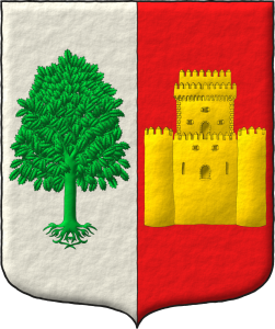 Escudo partido: 1o de plata, un olmo arrancado de sinople; 2o de Gules, un castillo con una torre almenada de oro.