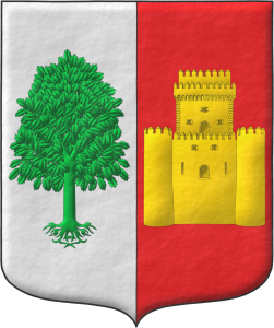 Escudo partido: 1o de plata, un olmo arrancado de sinople; 2o de Gules, un castillo con una torre almenada de oro.