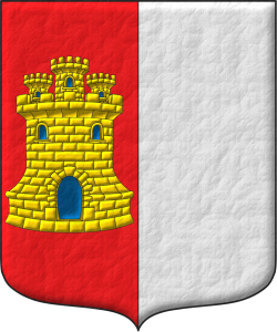 Escudo partido: 1o de Gules, un castillo de oro, aclarado de azur, mazonado de sable; 2o de plata.