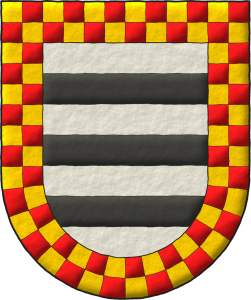 Escudo de plata, tres fajas de sable; bordura ajedrezada de oro y gules. 2 versiones para el mismo blasn.