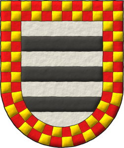 Escudo de plata, tres fajas de sable; bordura ajedrezada de oro y gules. 2 versiones para el mismo blasn.
