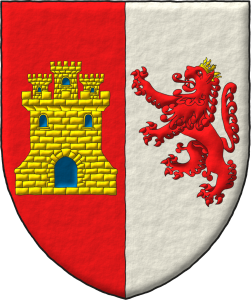 Party per pale: 1 Gules, a castle triple-towered Or, port and windows Azure, and masoned Sable; 2 Argent, a lion rampant Gules, crowned Or.