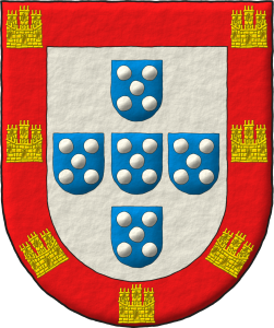 Escudo de plata, cinco escudetes en cruz de azur, cada uno cargado de cinco bezantes en sotuer de plata; una bordura de gules, cargada de siete castillos de oro, dos en jefe, uno en cada flanco y tres en punta