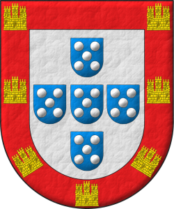 Escudo de plata, cinco escudetes en cruz de azur, cada uno cargado de cinco bezantes en sotuer de plata; una bordura de gules, cargada de siete castillos de oro, dos en jefe, una en cada flanco y tres en punta