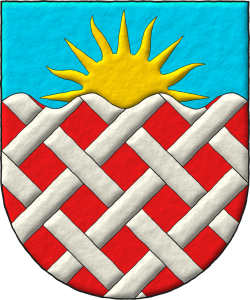 Escudo de gules fretado de plata; en un jefe ondado de celeste, un sol saliente de oro.