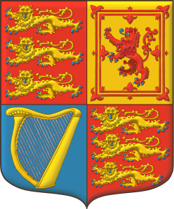 Escudo cuartelado: 1o y 4o de gules, tres leopardos en palo de oro, lampasados y armados de azur; 2o de oro, un len de gules, armado y lampasado de azur, encerrado en un trechor doble flordelisado y contraflordelisado de gules; 3o de azur, un arpa de oro cordada de plata.
