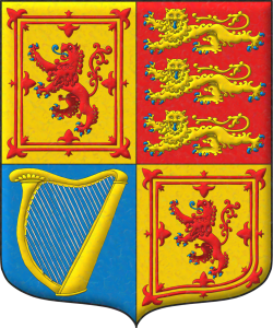 Escudo cuartelado: 1o y 4o de oro, un len de gules, armado y lampasado de azur, encerrado en un trechor doble flordelisado y contraflordelisado de gules; 2o de gules, tres leopardos en palo de oro, lampasados y armados de azur; 3o de azur, un arpa de oro cordada de plata.