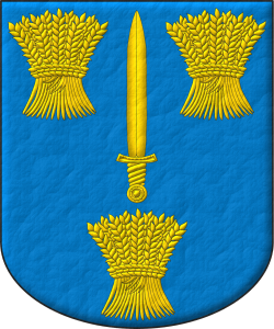 Escudo de azur, una espada alzada de oro, acompaada de tres gavillas de trigo de oro, 2 y 1.