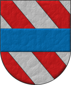 Escudo bandado de seis piezas de gules y plata; brochante sobre el todo una faja de azur.