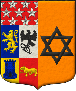 Escudo partido: 1o cuartelado: 1o de azur, un len rampante de oro, 2o de plata, un halcn azorado, teniendo en sus garras una sierpe ambos de sable, 3o de oro, una torre de azur, aclarada y mazonada de sable, 4o de gules, un zorro pasante de oro, un jefe de gules sembrado de estrellas de cinco puntas de plata; 2o de naranjado, una estrella de seis puntas, hueca y entrelazada de sable.