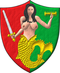 Escudo partido de gules y sinople; brochante sobre la particin una sirena al natural, teniendo en su diestra una espada de plata, guarnecida de oro, y en su siniestra un peine de oro.