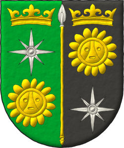 Escudo partido: 1o de sinople, una rosa de los vientos de plata, acompa�ada en jefe de una corona antigua y en punta de un sol ta�no ambos de oro; 2o de sable, un sol ta�no de oro, acompa�ado en jefe de una corona antigua de oro y en punta de una rosa de los vientos de plata; brochante sobre la partici�n una lanza de plata, fustada de oro.