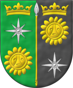 Escudo partido: 1o de sinople, una rosa de los vientos de plata, acompa�ada en jefe de una corona antigua y en punta de un sol ta�no ambos de oro; 2o de sable, un sol ta�no de oro, acompa�ado en jefe de una corona antigua de oro y en punta de una rosa de los vientos de plata; brochante sobre la partici�n una lanza de plata, fustada de oro.