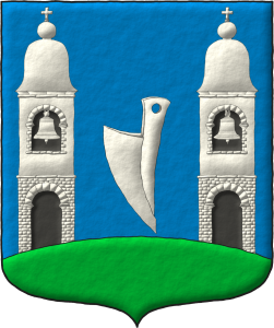 Escudo de azur, una reja de arado bajada de plata acompaada de dos campanarios de plata, aclarados de sable, terrazados de sinople.