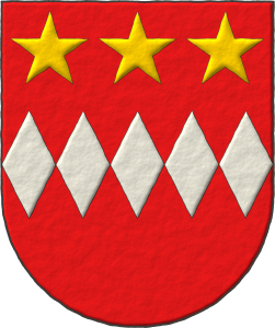 Escudo de gules, una faja de cinco fusos de plata, en jefe tres estrellas de oro.