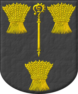 Escudo de sable, un báculo de oro, acompañado de tres gavillas de trigo de oro.