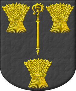 Escudo de sable, un bculo de oro, acompaado de tres gavillas de trigo de oro.