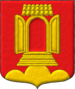 Escudo de gules, un monte de tres peas moviente de la punta sumado de una puerta con tejadillo, jambas, dintel arqueado, dos hojas abiertas sostenida de una escalinata de tres peldaos todo de oro, aclarada de gules.