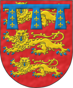 Escudo de gules, tres leopardos en palo de oro, armados y lampasados de azur; brochante sobre el todo, un lambel de azur con tres pendientes, cargado cada uno con tres flores de lis de oro en palo.