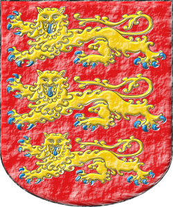 Escudo de gules, tres leopardos en palo de oro, armados y lampasados de azur.