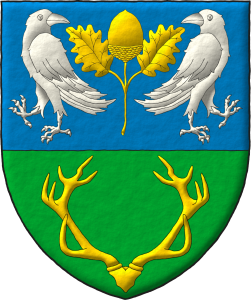 Escudo cortado: 1o de azur, una bellota hojada y tallada de oro, acompa�ada de dos cuervos de espaldas y contornados de plata; 2o de sinople, una masacre de oro.