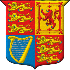 Escudo cuartelado: 1o y 4o de gules, tres leopardos en palo de oro, lampasados y armados de azur; 2o de oro, un len de gules, armado y lampasado de azur, encerrado en un trechor doble flordelisado y contraflordelisado de gules; 3o de azur, un arpa de oro cordada de plata.
