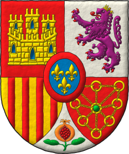 Escudo cuartelado: 1o de gules, un castillo de oro, aclarado de azur, mazonado de sable [de Castilla]; 2o de plata, un le�n rampante de p�rpura, lampasado y armado de gules, coronado de oro [de Le�n]; 3o de oro, con cuatro palos de gules [de Arag�n]; 4o de gules, una cadena puesta en orla, en cruz y en sotuer de oro, cargada en el centro de una esmeralda de sinople [de Navarra]; entado en punta de plata, una granada al natural, tajada de gules, tallada y hojada de sinople [de Granada]; un escus�n de azur, tres flores de lis de oro, 2 y 1, una bordura de gules [de Borb�n].