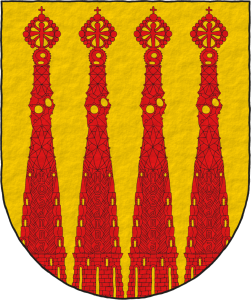 Escudo de oro, cuatro campanarios movientes de la punta de gules, aclarados de oro.
