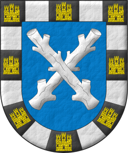 Escudo de azur, dos troncos ecotados, nudosos, en sotuer de plata; una bordura componada de dieciseis compones: ocho de sable cargados de un castillo de oro, aclarado y mazonado de sable, y ocho de plata