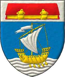 Escudo de azur, en punta un mar ondado de plata sumado de un barco con remos de oro, con vela y gallardete de plata; en un jefe de plata, un libro cerrado y brochado de oro, tapas de gules.
