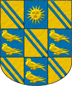 Escudo equipolado de oro y azur: 1o, 3o, 5o, 7o y 9o, dos cotizas de azur; 2o, un sol de oro; 4o, 6o y 8o, dos marletas de oro, en palo.