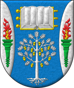 Escudo de azur, flanqueado curvo de plata: en jefe, un libro abierto de oro, hojado de plata; en punta, un roble arrancado de plata, frutado de oro; en cada flanco, una antorcha de sinople, encendida al natural.