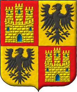 Escudo de cuartelado: 1o y 4o de gules, un castillo de oro, aclarado de azur, mazonado de sable; 2o y 3o de oro, un guila de sable.