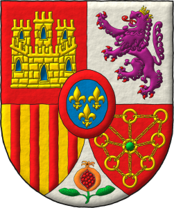 Escudo cuartelado: 1o de gules, un castillo de oro, aclarado de azur, mazonado de sable [de Castilla]; 2o de plata, un le�n rampante de p�rpura, lampasado y armado de gules, coronado de oro [de Le�n]; 3o de oro, con cuatro palos de gules [de Arag�n]; 4o de gules, una cadena puesta en orla, en cruz y en sotuer de oro, cargada en el centro de una esmeralda de sinople [de Navarra]; entado en punta de plata, una granada al natural, tajada de gules, tallada y hojada de sinople [de Granada]; un escus�n de azur, tres flores de lis de oro, 2 y 1, una bordura de gules [de Borb�n].