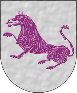 Escudo de plata, un león de púrpura, sentado.