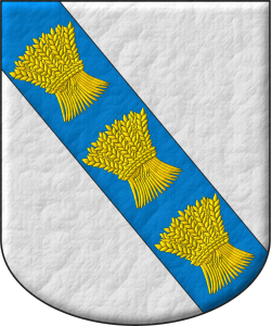 Escudo de plata, una banda de azur cargada de tres gavillas de trigo de oro, puestas en banda.