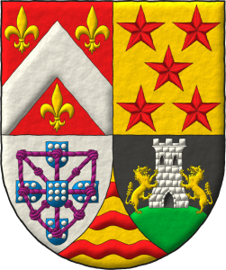 Escudo cuartelado: 1o de Gules, un cabrio de plata acompa�ado de tres flores de lis de oro; 2o de oro, cinco estrellas de seis puntas en sotuer de gules; 3o de plata, cuatro escudetes en cruz de azur, cada uno cargado de nueve bezantes de plata, 3, 3, 3, los dos escudetes de los flancos puestos en faja apuntando al del centro, brochante sobre el todo un carbunclo de cuerdas, orlado y anudado de p�rpura, y brochante sobre el todo del todo, un quinto escudete como los anteriores; 4o de sable, un monte moviente de la punta de sinople, sumado de una torre de plata, aclarada y mazonada de sable, con dos lobos de oro empinados a ella; Entado en punta de oro, tres fajas ondadas de gules.