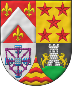 Escudo cuartelado: 1o de Gules, un cabrio de plata acompa�ado de tres flores de lis de oro; 2o de oro, cinco estrellas de seis puntas en sotuer de gules; 3o de plata, cuatro escudetes en cruz de azur, cada uno cargado de nueve bezantes de plata, 3, 3, 3, los dos escudetes de los flancos puestos en faja apuntando al del centro, brochante sobre el todo un carbunclo de cuerdas, orlado y anudado de p�rpura, y brochante sobre el todo del todo, un quinto escudete como los anteriores; 4o de sable, un monte moviente de la punta de sinople, sumado de una torre de plata, aclarada y mazonada de sable, con dos lobos de oro empinados a ella; Entado en punta de oro, tres fajas ondadas de gules.