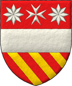 Escudo de gules, una faja acompa�ada en jefe de una cruz de malta acompa�ada de dos estrellas de ocho puntas todo de plata, y en punta tres cotizas de oro.