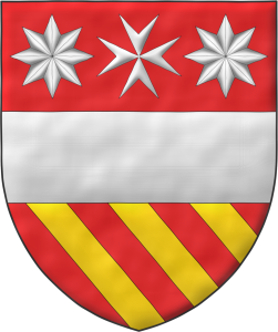 Escudo de gules, una faja acompaada en jefe de una cruz de malta acompaada de dos estrellas de ocho puntas todo de plata, y en punta tres cotizas de oro.