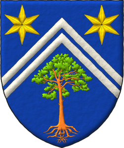 Escudo de azur, dos tenazas de plata, en cada flanco del jefe dos estrellas de seis puntas de oro y en la punta un pino silvestre (Pinus sylvestris) arrancado al natural.