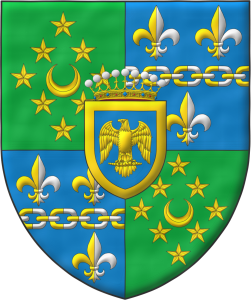 Escudo cuartelado: 1o y 4o de sinople, un creciente dentro de ocho estrellas en losange todo de oro; 2o y 3o de azur, una cadena puesta en faja moviente de los flancos acompaada de tres flores de lis, 2 y 1, todos los eslabones y las flores de lis partidos de oro y plata; un escusn de plata, timbrado de una corona de conde, cargado de un guila y una bordura ambos de oro.
