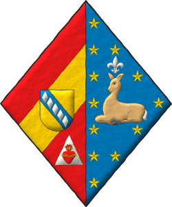 Escudo partido: 1o de gules, una barra de oro, en punta un tringulo de plata cargado de un Sagrado Corazn de Jess al natural, brochante sobre el todo un escusn de oro cargado de una banda de azur cargada de cinco fusos puestos en palo de plata [de Adriaensen]; 2o de azur, una cierva sentada al natural, surmontada de una flor de lis de plata, rodeada de doce estrellas en orla de oro [concesin de Borbn-Parma].