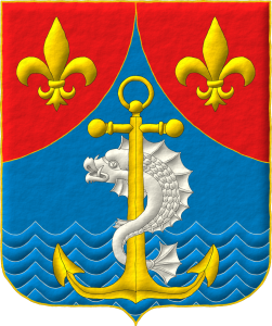 Escudo de azur, sobre un mar moviente de la punta, un ancla puesta en palo de oro entrelazada de un delf�n de plata; cortinado curvil�neo de gules, dos flores de lis de oro.