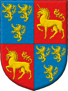 Escudo cuartelado: 1o y 4o de azur, tres leones rampantes de oro, 2 y 1; 2o y 3o de gules, un unicornio pasante de oro.